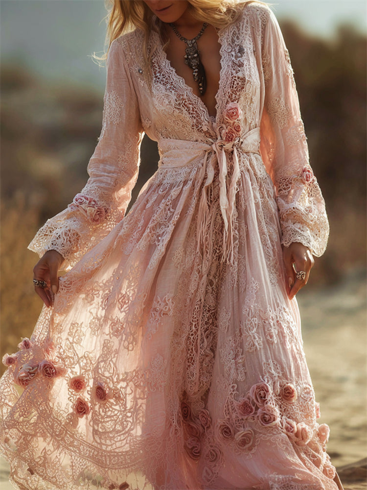 Boho Pink Roses Floral Lace Flowy Linen Maxi Dress