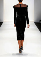 Black Feather-trimmed Mesh Velvet Crew Neck Long Sleeve Sheath Midi Dress