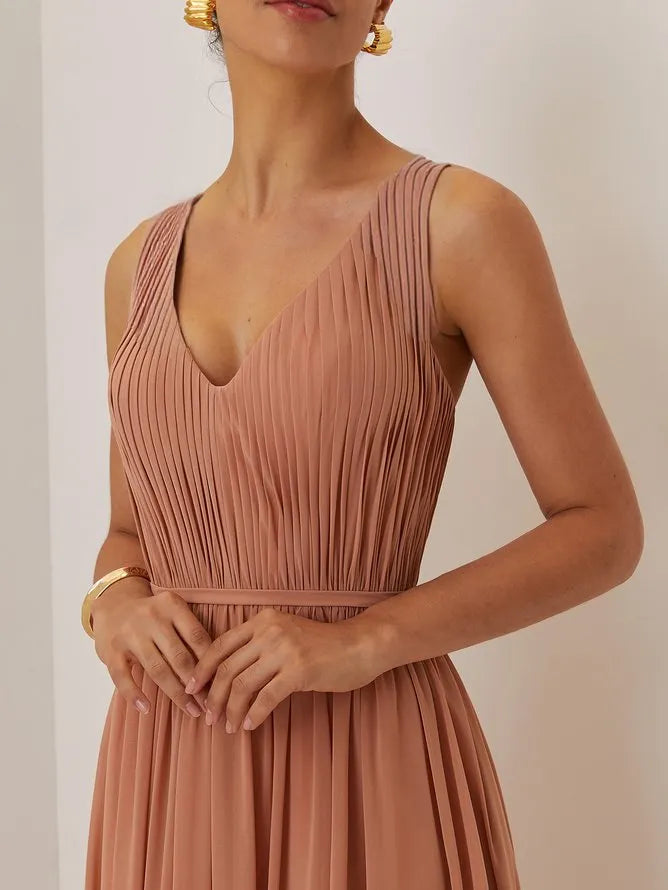 Pink Ruched Prom Dress V Neck Sleeveless A-Line Maxi Bridesmaid Dress
