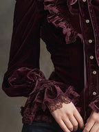 Garnet Red Romance Victorian Velvet Ruffle Blouse