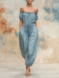 Off-the-Shoulder Puff Sleeve Balloon Leg Jumpsuit With Drawstring Waist