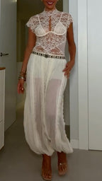 Lace Bodysuit & Sheer Ruched Harem Pants Outfit