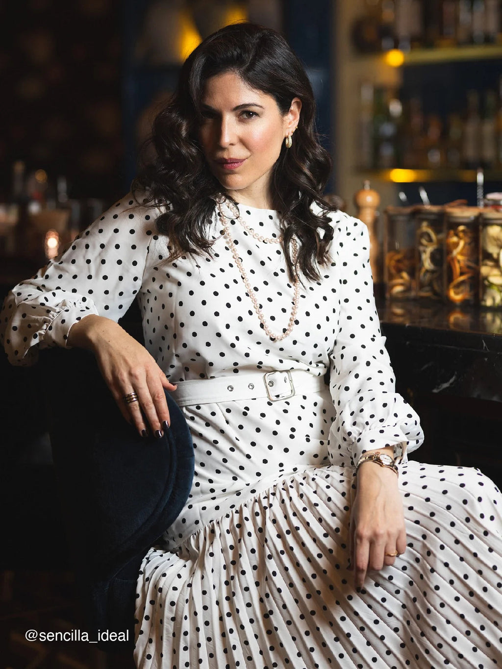 White Pleated Polka Dots Classic Crew Neck Long Balloon Sleeve A-Line Midi Dress