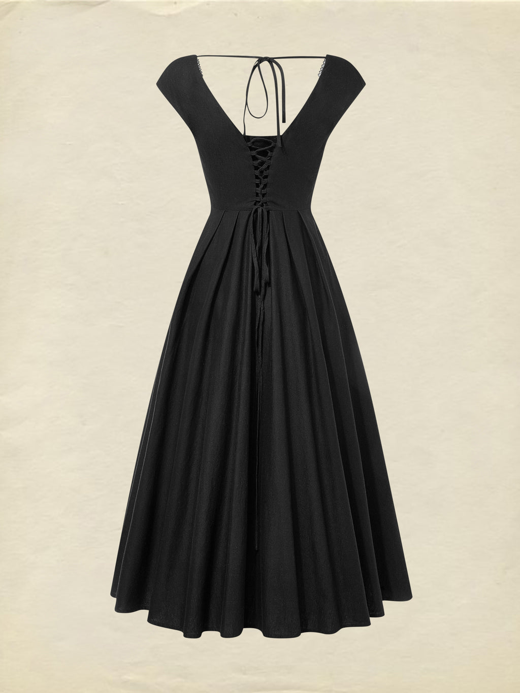 Midi Linen Dress, Sleeveless, Lace Collar, Plain, Lace, French Vintage, Black