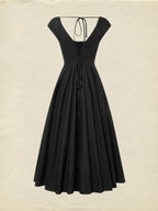Midi Linen Dress, Sleeveless, Lace Collar, Plain, Lace, French Vintage, Black