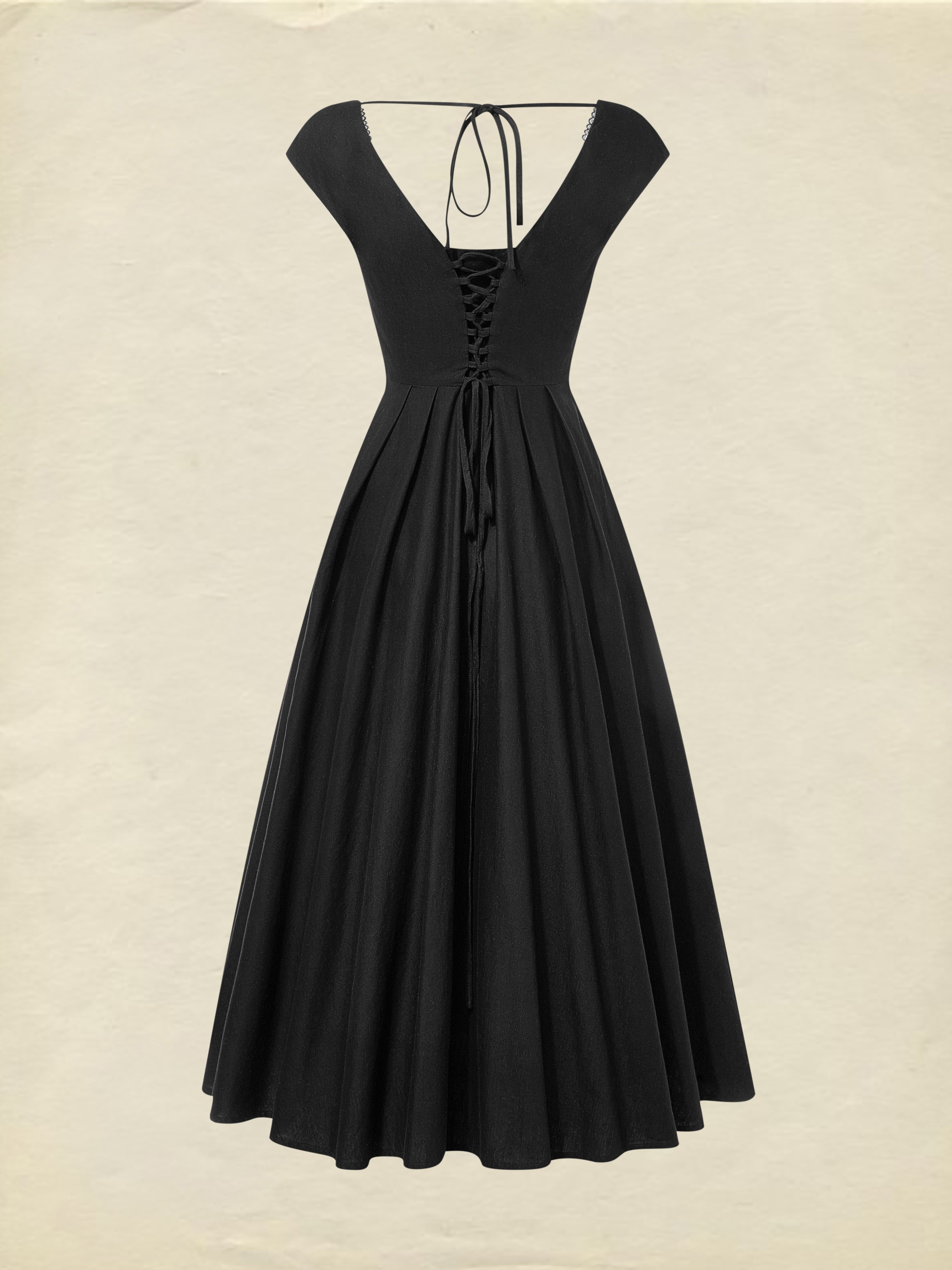 Midi Linen Dress, Sleeveless, Lace Collar, Plain, Lace, French Vintage, Black