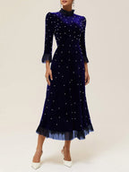 Burgundy Beaded Mock Neck Three Quarter Sleeve A-Line Maxi Velvet Dress