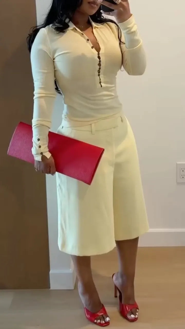 Women's Fitted Button-Up Top & Casual Mid-Length Shorts Set