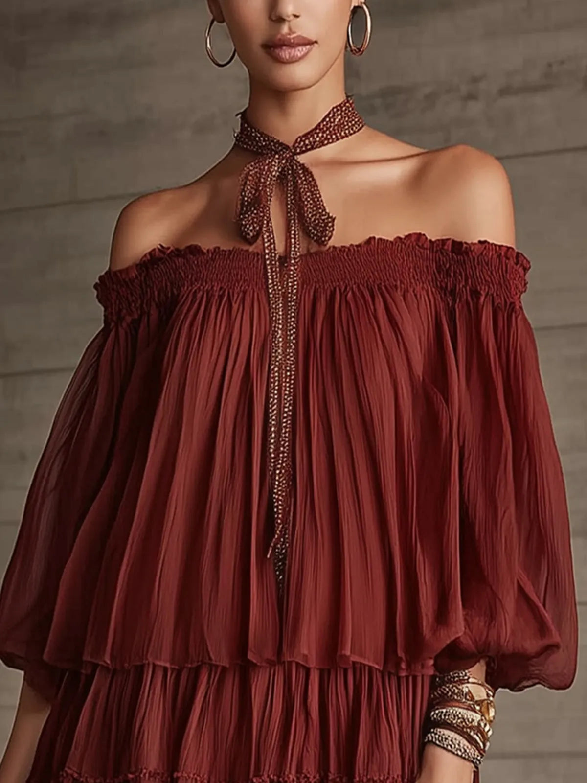 Burgundy Off-Shoulder Tiered Mini Dress With Puff Sleeves