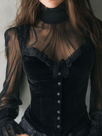 Gothic Lace Trim Black Velvet Corset Blouse With Sheer Sleeves