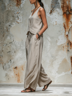 Beige Linen Sleeveless Top & Wide-Leg Pants Set