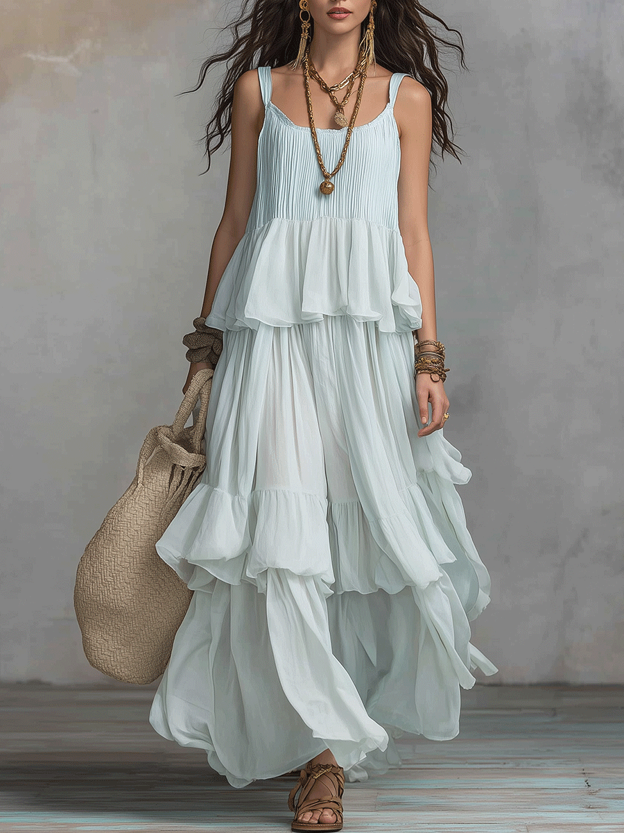 Bohemian Tiered Ruffle Flowing Maxi Dress