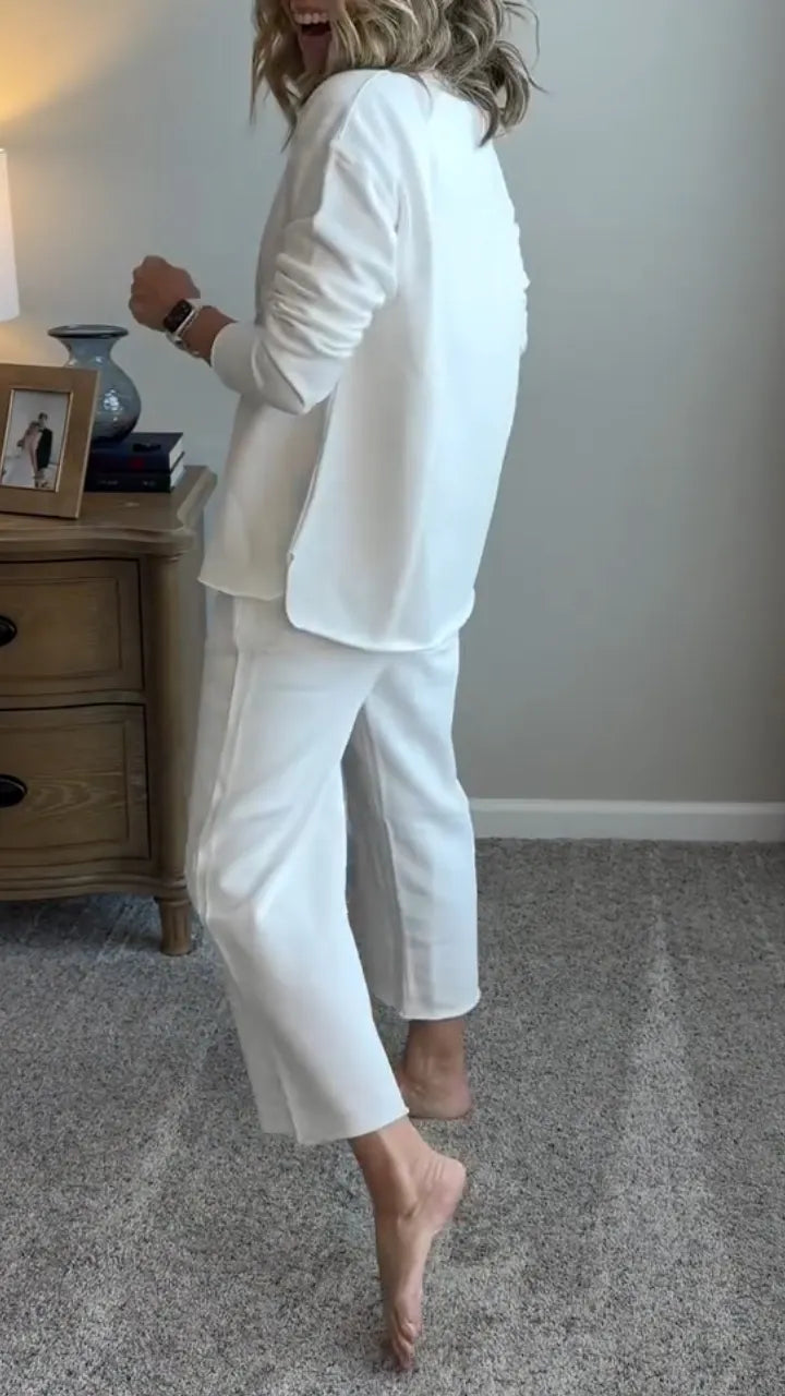 elaxed Long Sleeve Top & Cropped Wide Leg Pants Loungewear Set