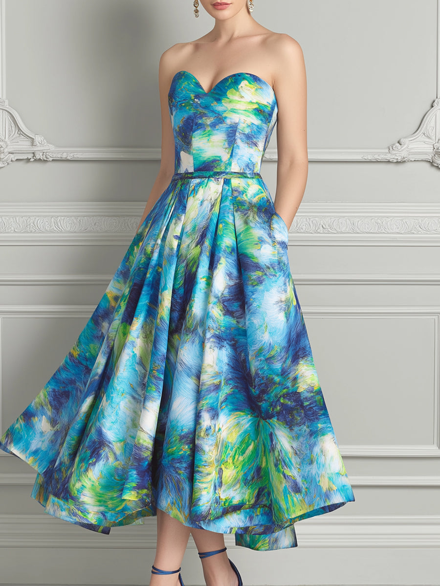 Blue Green Abstract Oil Painting Print Midi Dress