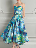 Blue Green Abstract Oil Painting Print Midi Dress