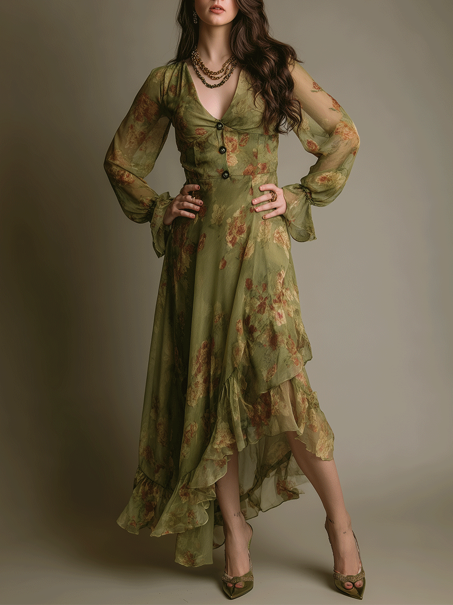 Vintage Romantic Boho Green Ruffle Hem  Maxi Dress
