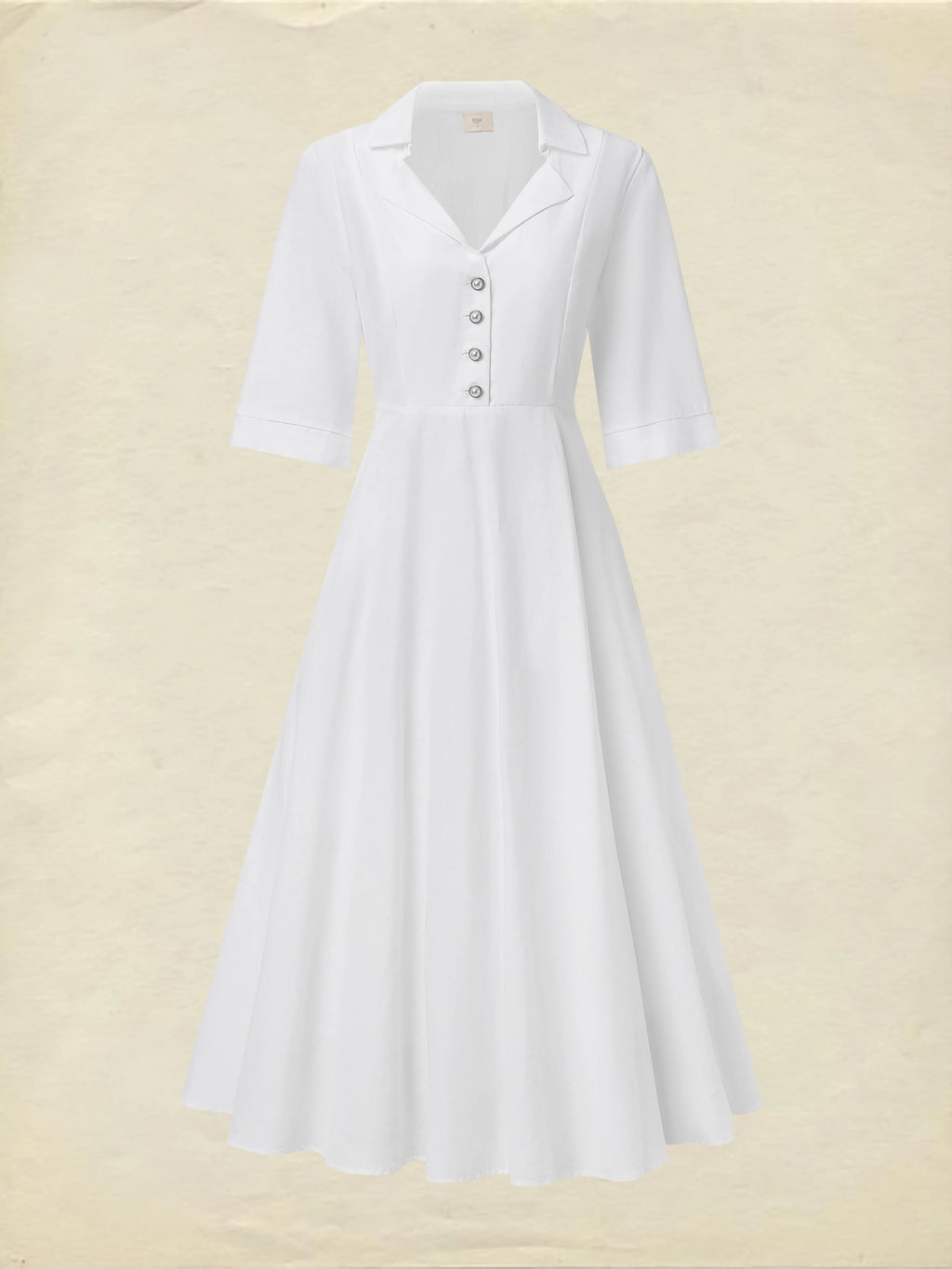 Linen Maxi Dress, Half Sleeve, Shawl Collar, Plain, Vintage, White