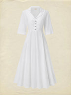 Linen Maxi Dress, Half Sleeve, Shawl Collar, Plain, Vintage, White
