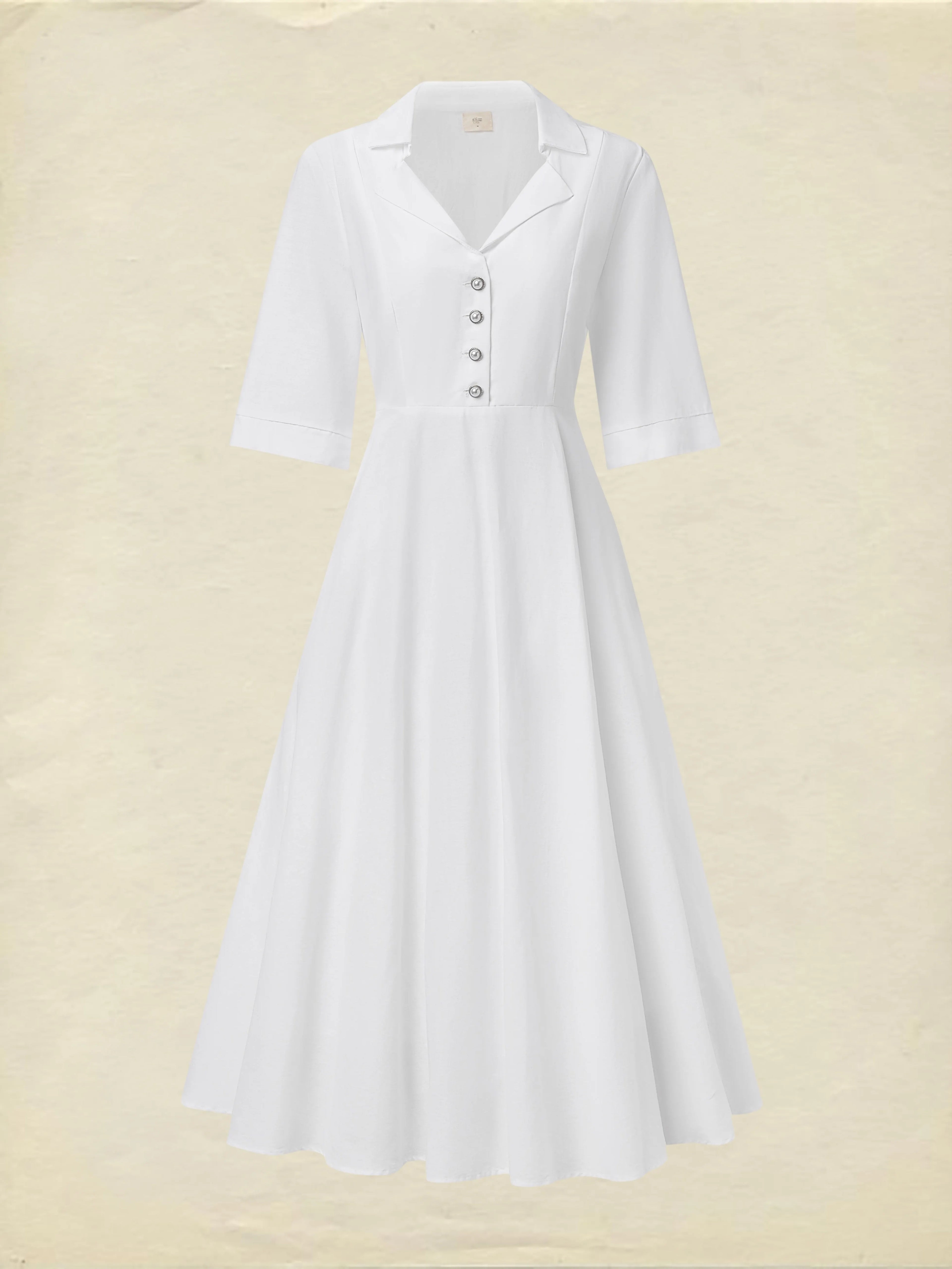 Linen Maxi Dress, Half Sleeve, Shawl Collar, Plain, Vintage, White