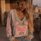 Women's Pink Rose Embroidered Denim Patchwork Linen Shirt