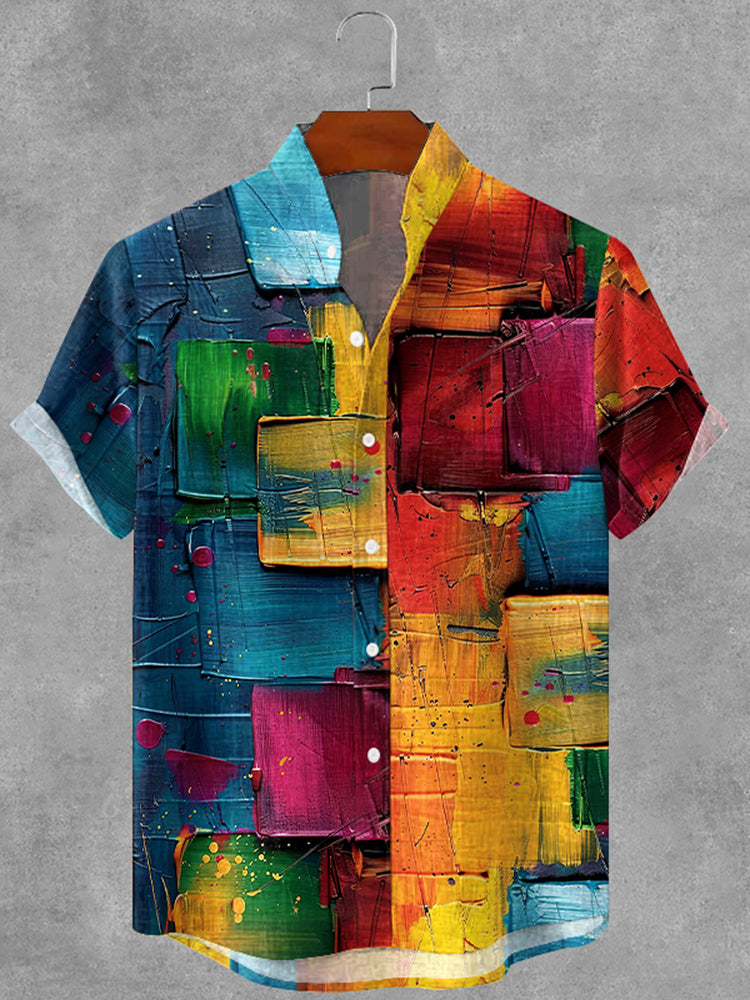Men's Retro Colored Oil Painting Plaid Art Print Cotton And Linen Shirt