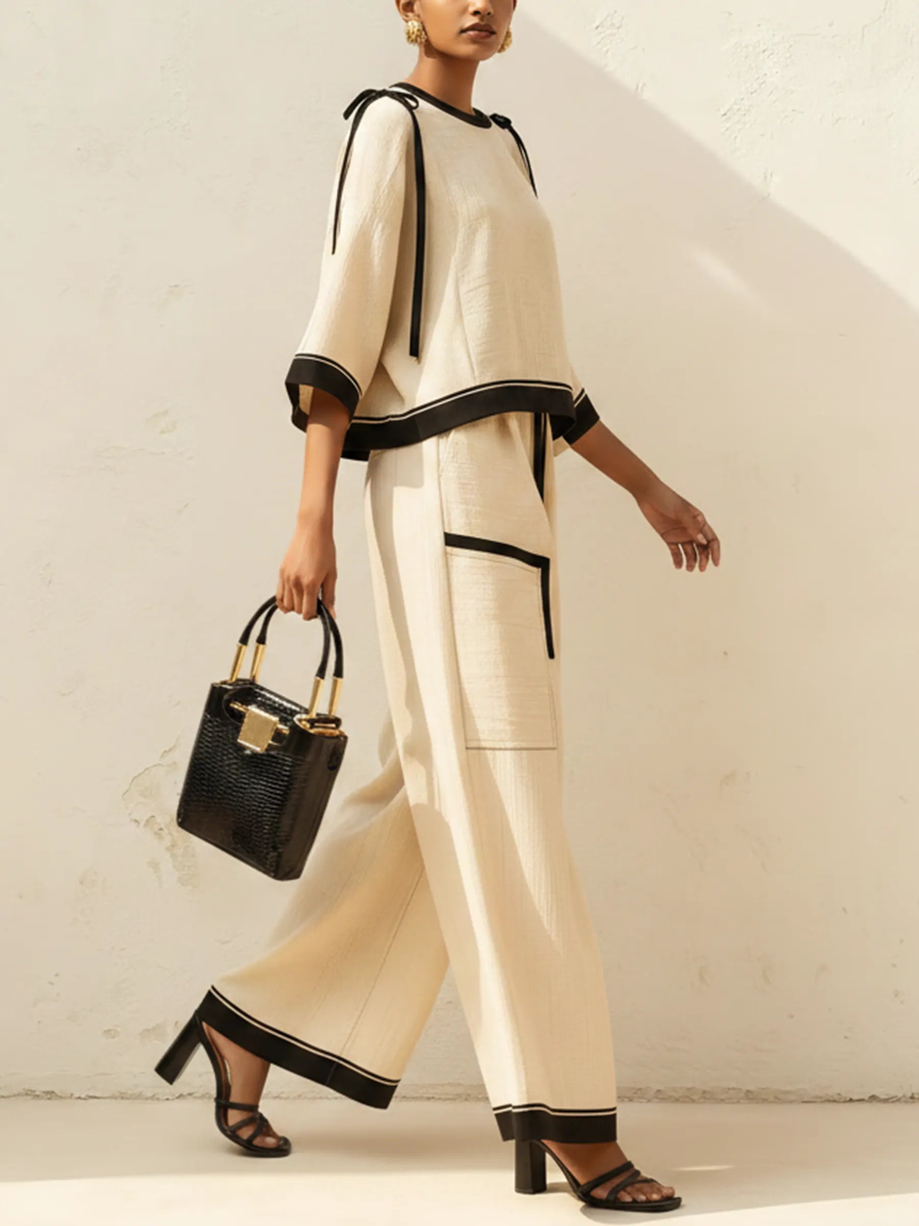 Beige Linen-Blend Contrast Trim Two-Piece Set
