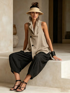 Asymmetric Linen-Blend Vest & Barrel Pants Set