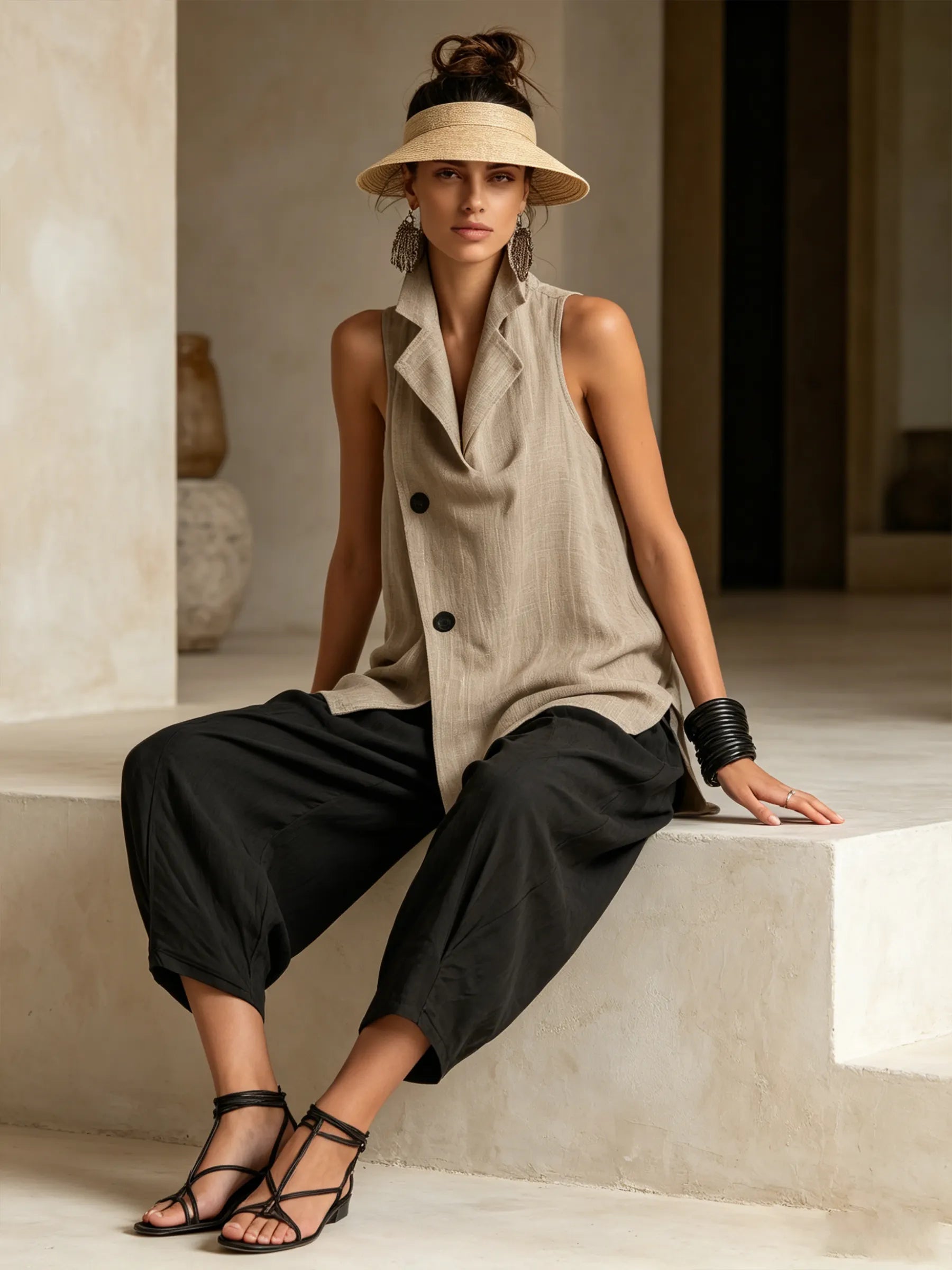 Asymmetric Linen-Blend Vest & Barrel Pants Set