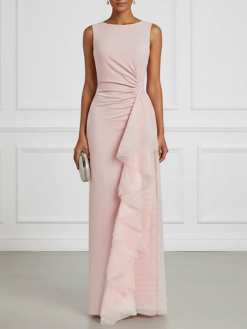 Pink Mesh Ruched Knit Boat Neck Sleeveless Sheath Maxi Dress
