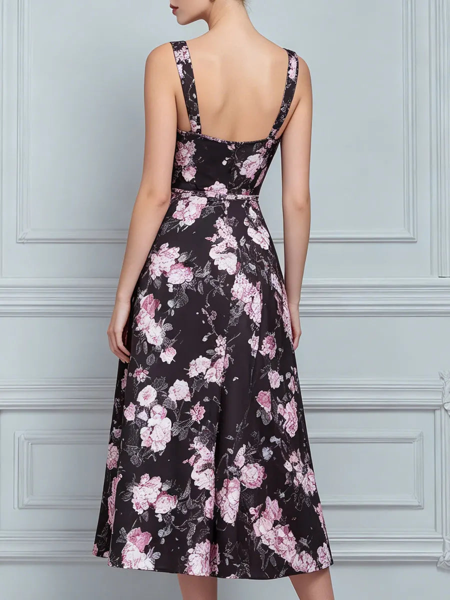 Black Pink Floral Square Neck Sleeveless A-Line Midi Dress