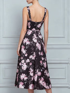 Black Pink Floral Square Neck Sleeveless A-Line Midi Dress