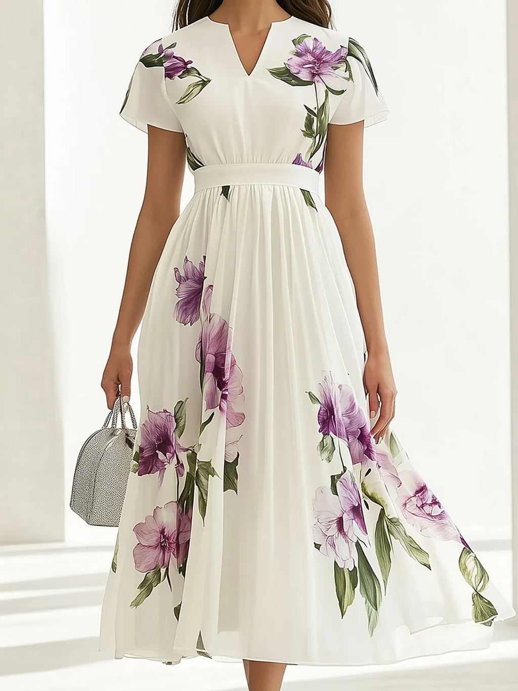 Elegant White Chiffon Floral Print A-Line Dress