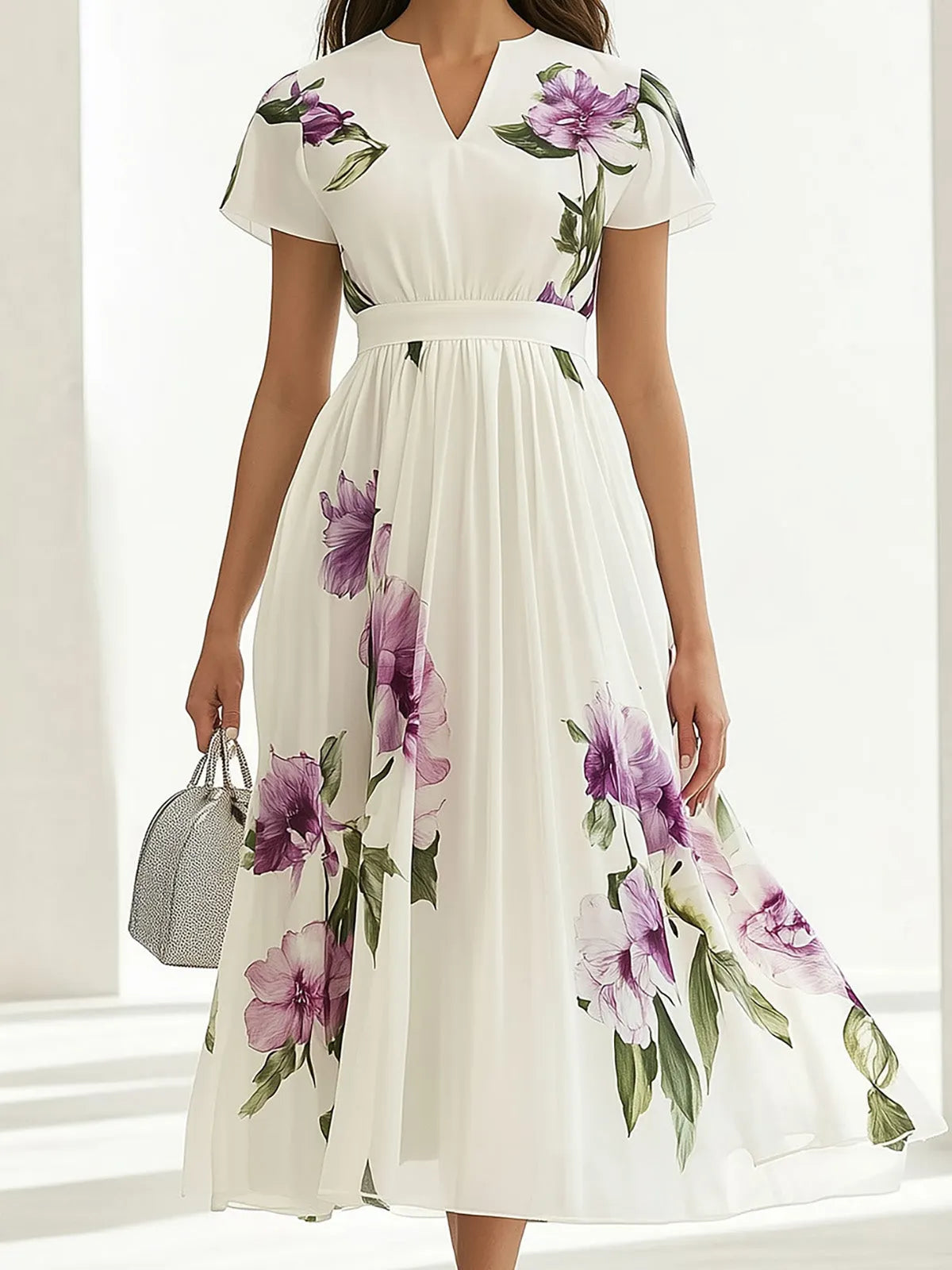 Elegant White Chiffon Floral Print A-Line Dress