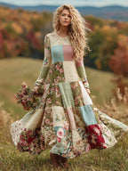 Women's Vintage Floral Patchwork Art Cozy Knit Maxi Sweater Dress