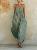 Sage Green Sleeveless Denim Jumpsuit - Loose Baggy Style With Pockets