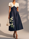 Navy Blue Embroidery Satin V Neck Short Sleeve A-Line Midi Dress
