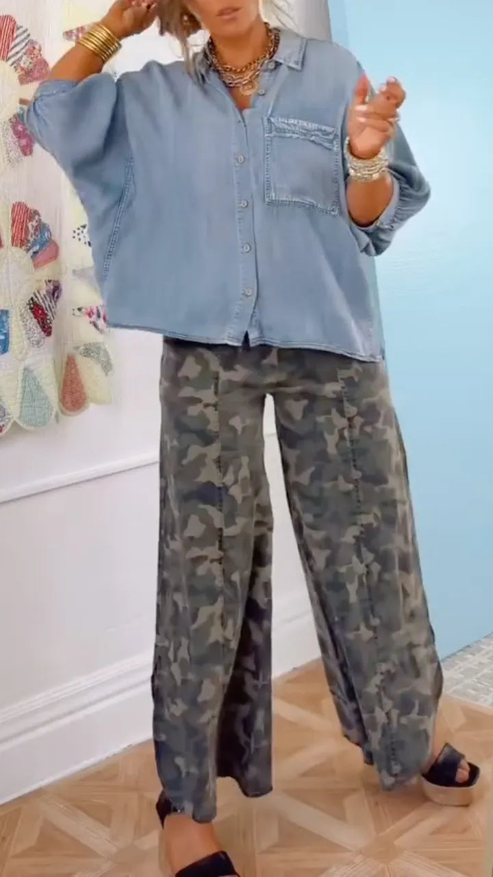Denim Cropped Shirt & Camo Wide Leg Pants Set