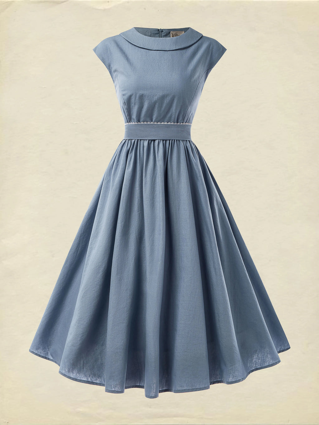 Linen Midi Dress, Sleeveless, Crew Neck, Plain, Vintage, Blue