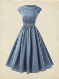Linen Midi Dress, Sleeveless, Crew Neck, Plain, Vintage, Blue