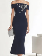 Navy Blue Off-the-Shoulder Print Dress