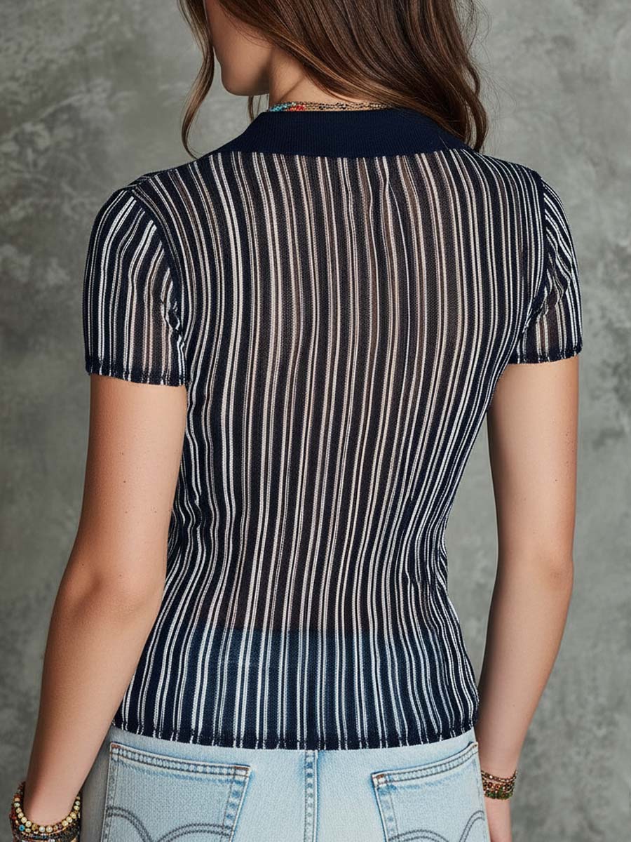 Bohemian Sheer Stripe Henley Knit Top