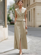 Elegant Sleeveless Blazer Vest & High-Waisted Slit Maxi Skirt Two-Piece Set