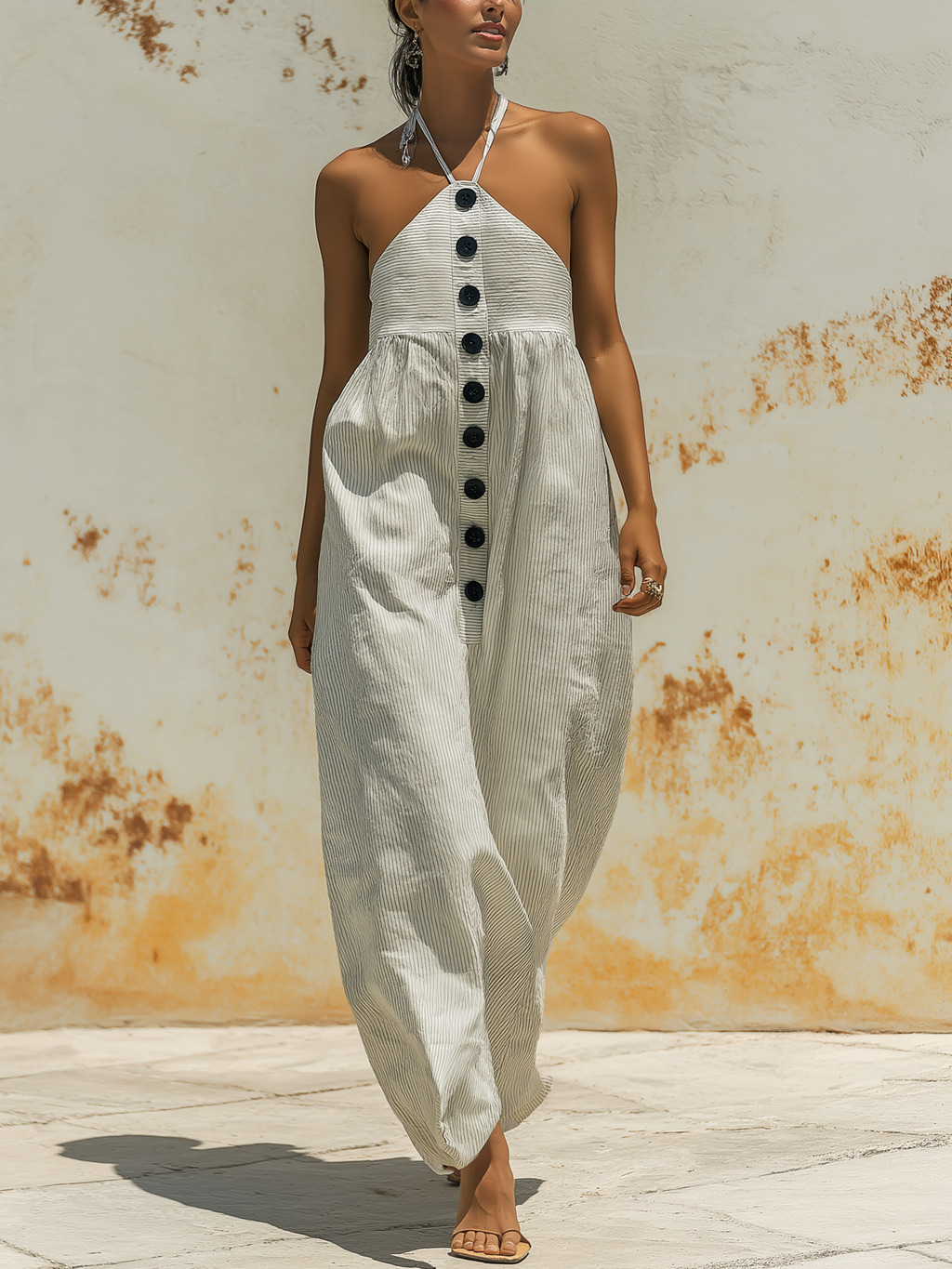 Striped Linen Halter Neck Maxi Dress