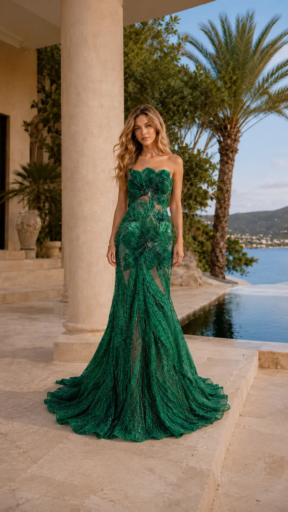 Gradient Floral Mermaid Train Evening Gown