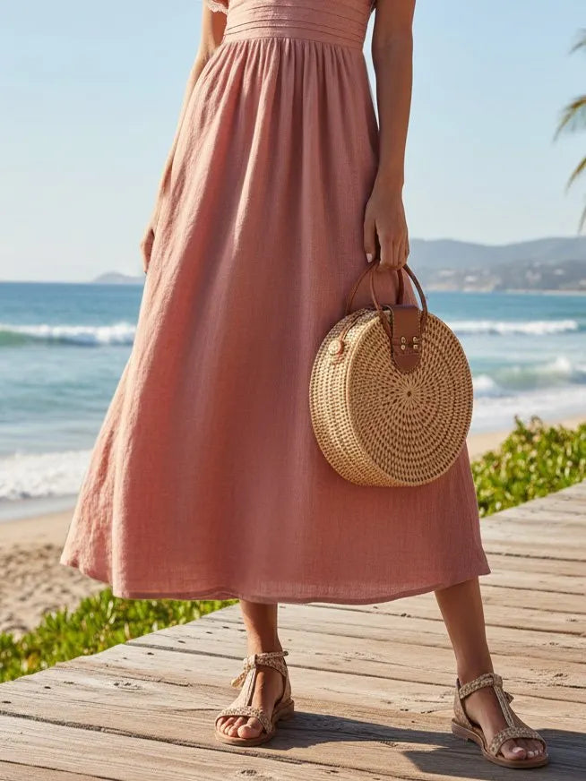 Midi Cotton Dress, Short Sleeves, V Neck, Plain, Lace, Vacation, Vintage, Deep Pink