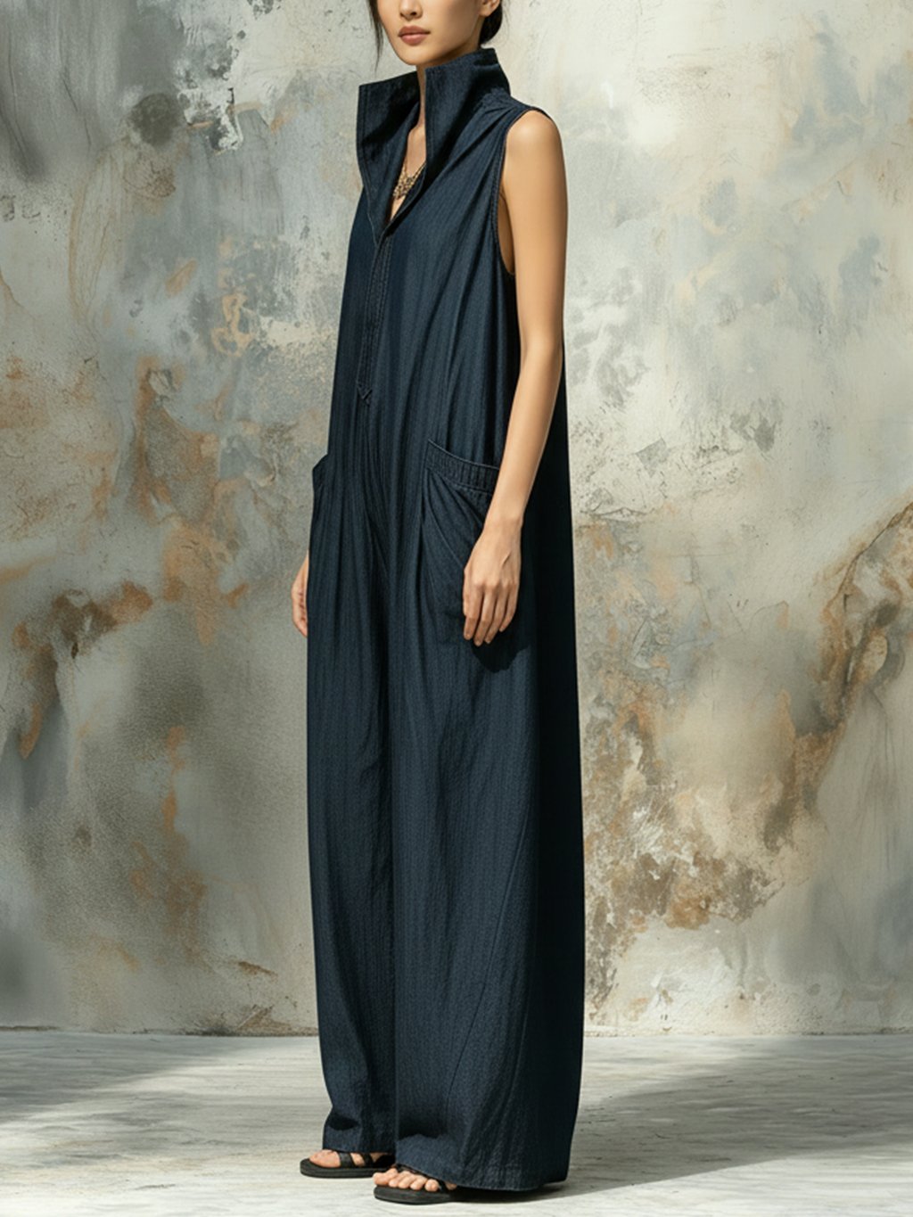 Dark Blue Denim Sleeveless Oversized Wide Leg Jumpsuit