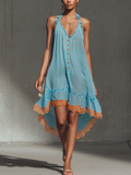 Blue And Orange Lace Trim Color Block Chiffon Midi Dress With Buttons
