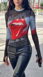 Rhinestone Mesh Graphic Long Sleeve Top