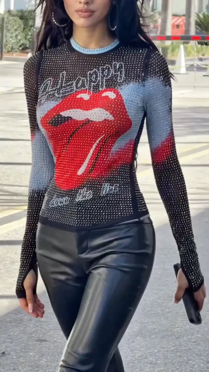 Rhinestone Mesh Graphic Long Sleeve Top