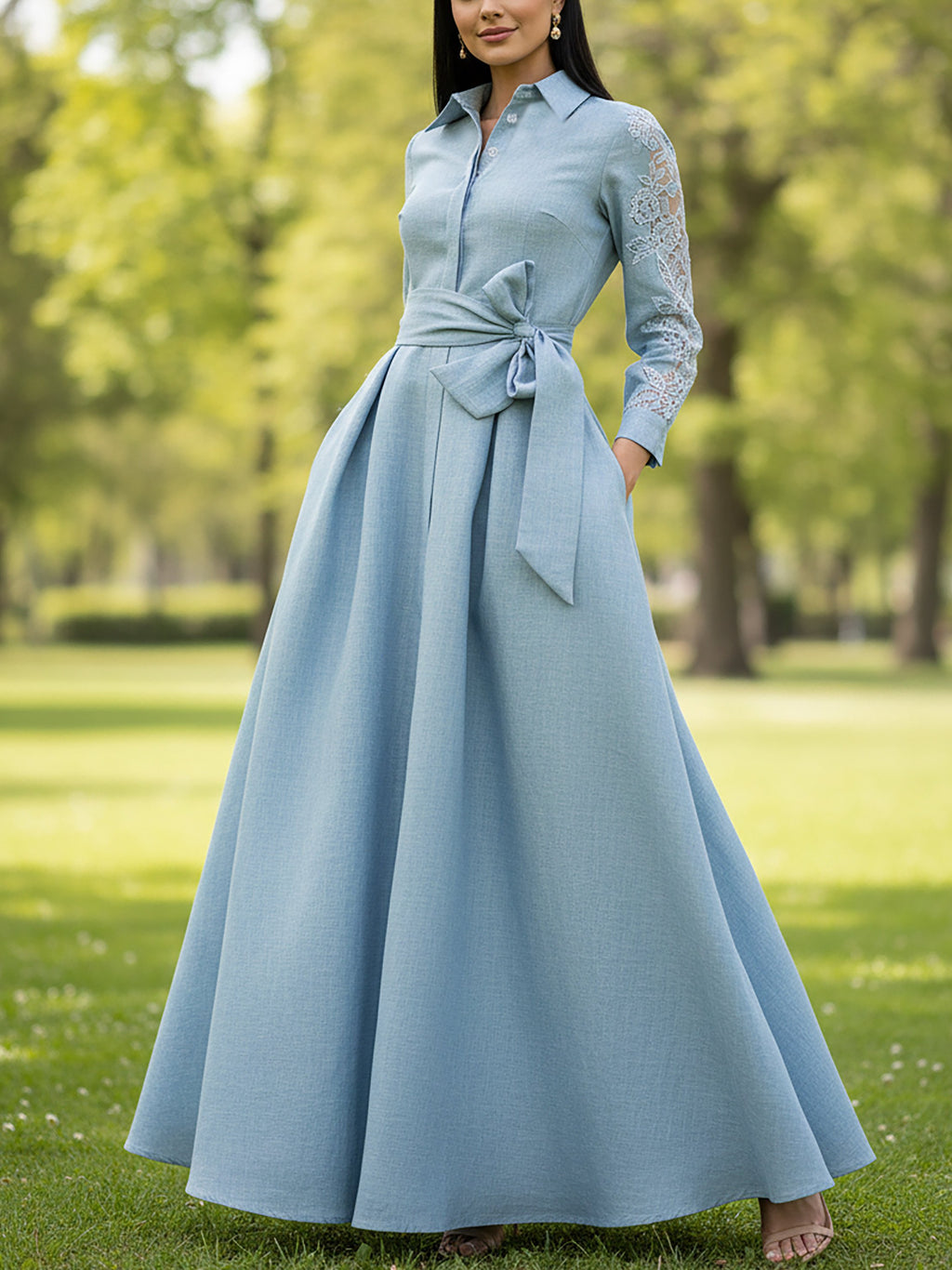 Maxi Linen Dress, Long Sleeves, Shawl Collar, Plain, Belt Design, Vintage, Blue